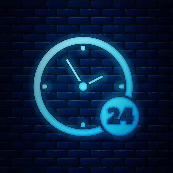 Leuchtende Neon-Uhr 24 Stunden Symbol isoliert auf Backsteinwand Hintergrund. Ganztägig zyklische Ikone. 24 Stunden Service-Symbol. Vektorillustration — Stockvektor