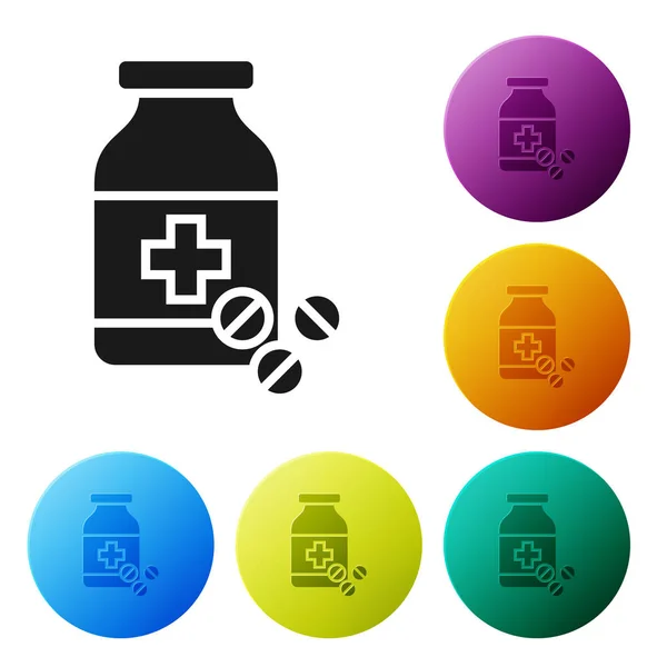 Μαύρο φάρμακο μπουκάλι και χάπια εικονίδιο απομονωθεί σε λευκό φόντο. Πινακίδα με χάπι φιάλης. Σχέδιο φαρμακευτικής. Ορίστε εικονίδια πολύχρωμα κουμπιά Circle. Απεικόνιση διανυσματικών φορέων — Διανυσματικό Αρχείο