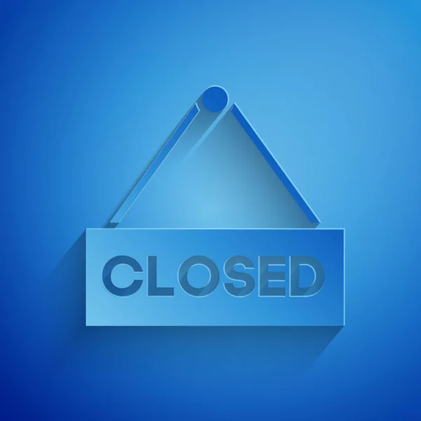 Paper cut Hanging sign with text Closed icon isolated on blue background. Tema bisnis untuk kafe atau restoran. Gaya seni kertas. Ilustrasi Vektor - Stok Vektor