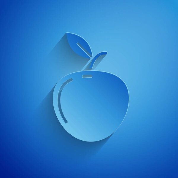 Paper cut Apple icon isolated on blue background. Fruit with leaf symbol. Paper art style. Vector Illustration