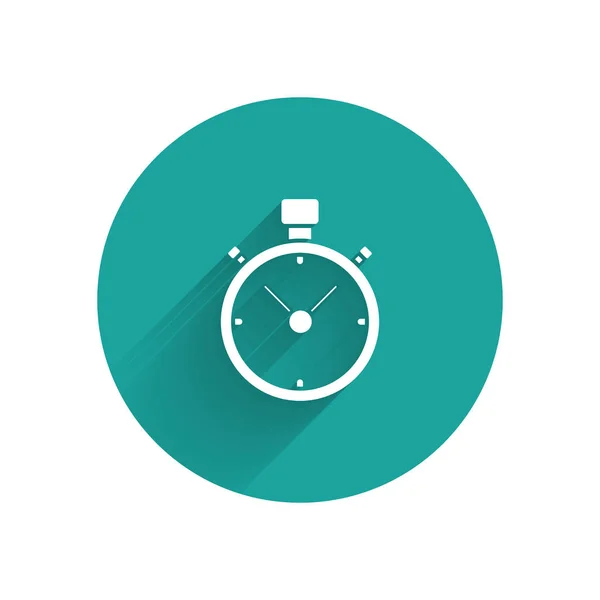 Witte Stopwatch icoon geïsoleerd met lange schaduw. Tijdklok teken. Chronometerteken. Groene cirkel knop. Vector Illustratie — Stockvector