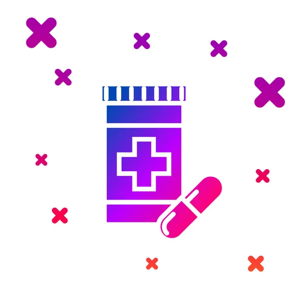 Color Medicine bottle and pills icon isolated on white background. Bottle pill sign. Pharmacy design. Gradient random dynamic shapes. Vector Illustration — Stock Vector