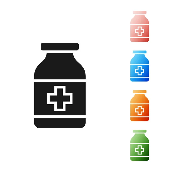Black Medicine fles pictogram geïsoleerd op witte achtergrond. Flessenpil teken. Farmaceutisch ontwerp. Stel pictogrammen kleurrijk. Vector Illustratie — Stockvector