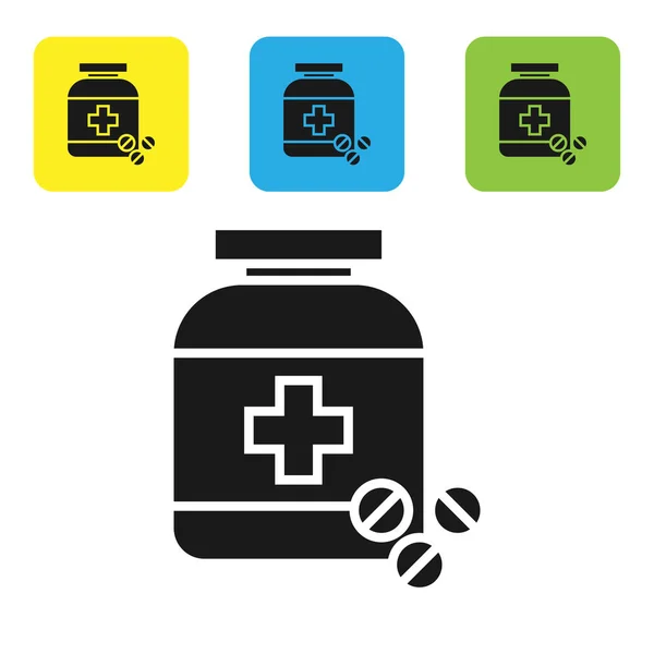 Bottiglia Medicina nera e pillole icona isolata su sfondo bianco. Segno della pillola della bottiglia. Design della farmacia. Set icone colorate pulsanti quadrati. Illustrazione vettoriale — Vettoriale Stock
