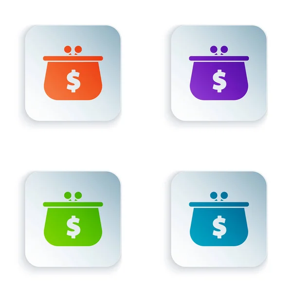 Färg plånbok med dollar symbolikon isolerad på vit bakgrund. Purse-ikonen. Kontant besparing symbol. Ställ in ikoner i färgglada fyrkantiga knappar. Vektor illustration — Stock vektor