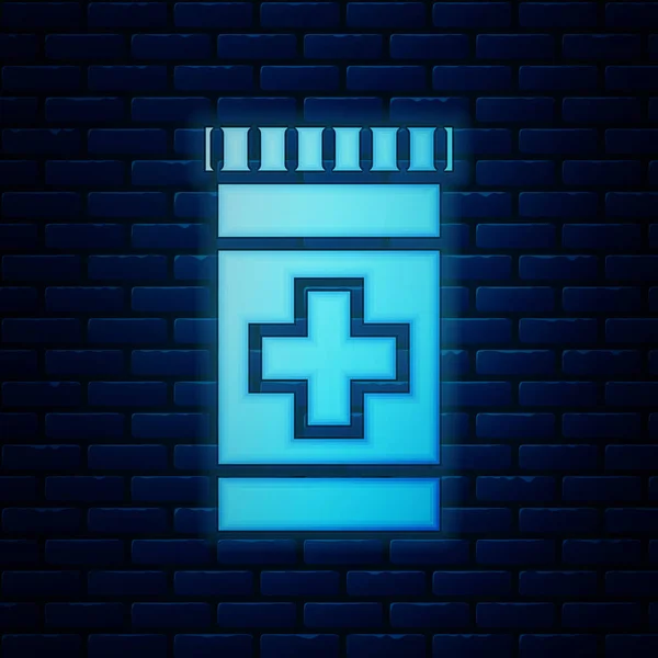 Zářící neon Medicine láhev ikona izolované na cihlové zdi pozadí. Značka lahvičky. Návrh lékáren. Vektorová ilustrace — Stockový vektor