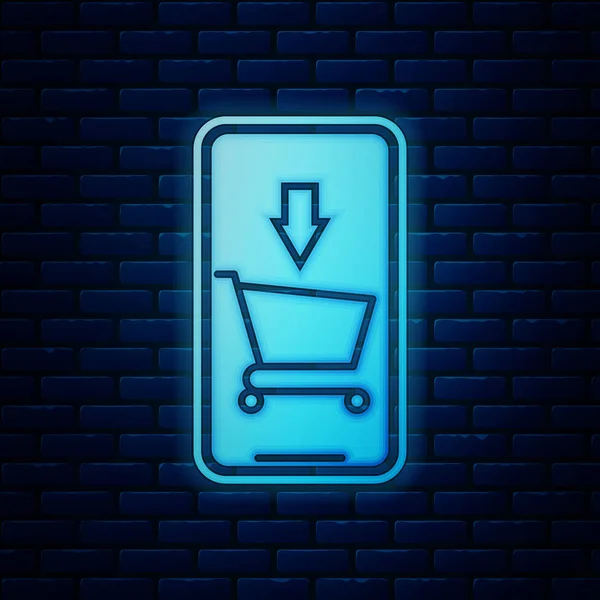 Gloeiende neon mobiele telefoon en winkelwagentje icoon geïsoleerd op bakstenen muur achtergrond. Online kopen symbool. Supermarkt mand symbool. Vector illustratie — Stockvector