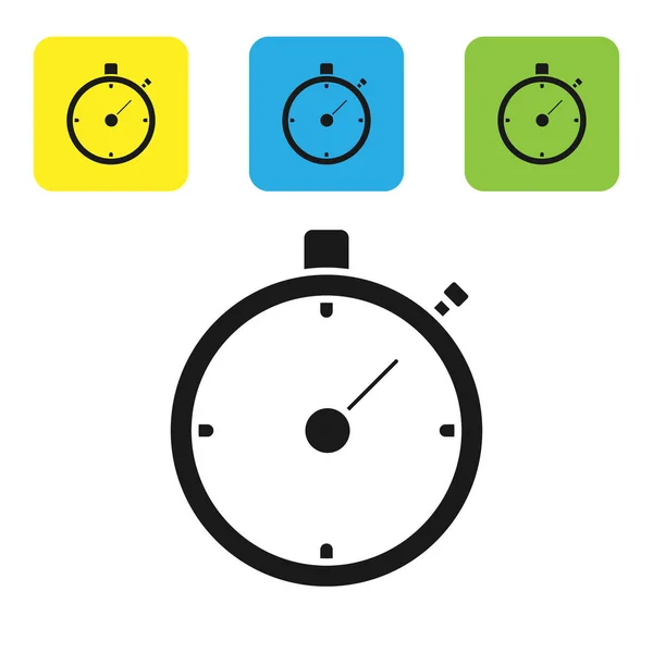 Μαύρο χρονόμετρο εικονίδιο απομονώνεται σε λευκό φόντο. Πινακίδα χρονομέτρησης. Πινακίδα χρονομέτρου. Ορίστε εικονίδια πολύχρωμα τετράγωνα κουμπιά. Απεικόνιση διανυσματικών φορέων — Διανυσματικό Αρχείο