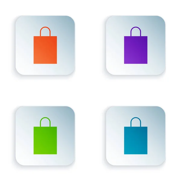 Ícone de saco de compras de papel colorido isolado no fundo branco. Assinatura do pacote. Definir ícones em botões quadrados coloridos. Ilustração vetorial — Vetor de Stock
