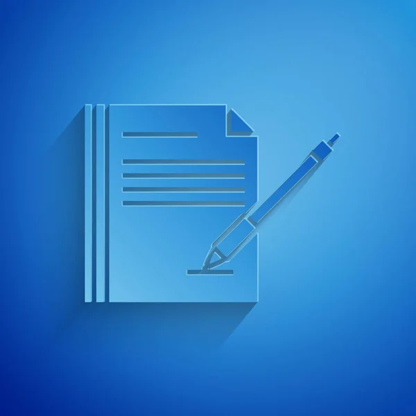 Papier knippen lege notebook en pen pictogram geïsoleerd op blauwe achtergrond. Papier en pen. Papier kunststijl. Vector illustratie — Stockvector