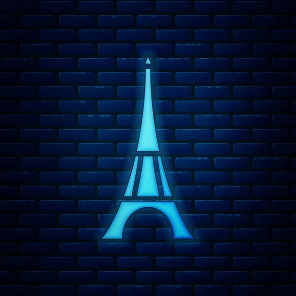 レンガの壁の背景に隔離された輝くネオンエッフェル塔のアイコン。フランスパリのランドマークシンボル。ベクトルイラストレーション — ストックベクタ
