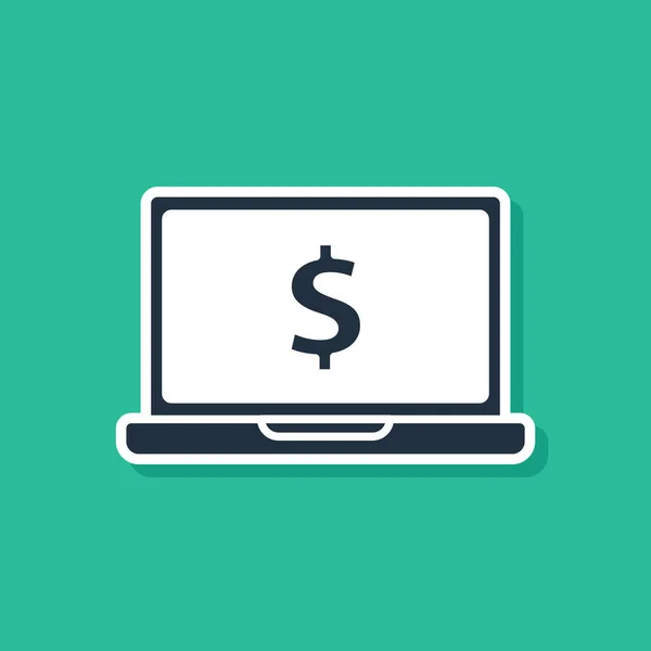 Blå laptop med dollar symbolikon isolerad på grön bakgrund. Online shopping koncept. Resultat på Internet, marknadsföring. Vektor illustration — Stock vektor