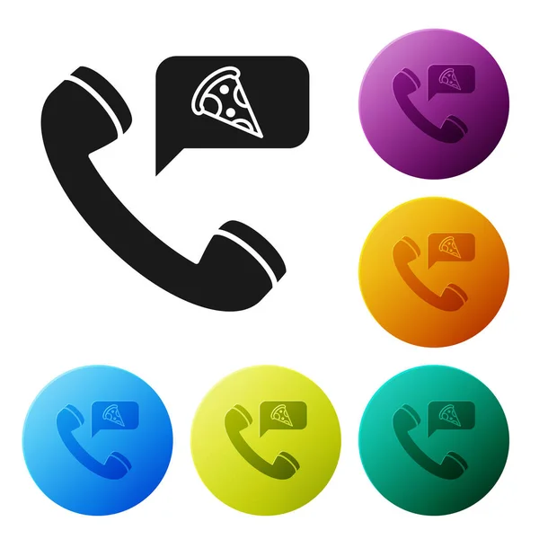 Svart matbeställning pizza Icon isolerad på vit bakgrund. Beställ via mobiltelefon. Restaurang matleverans koncept. Ange ikoner färgglada cirkel knappar. Vektor illustration — Stock vektor