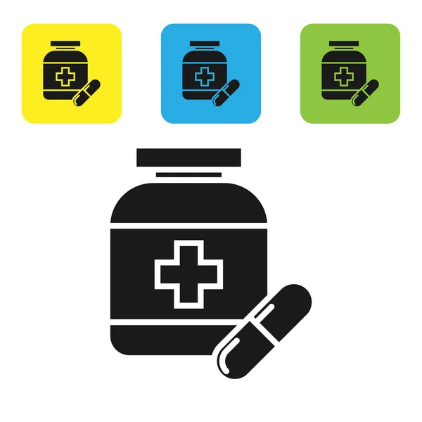 Μαύρο φάρμακο μπουκάλι και χάπια εικονίδιο απομονωθεί σε λευκό φόντο. Πινακίδα με χάπι φιάλης. Σχέδιο φαρμακευτικής. Ορίστε εικονίδια πολύχρωμα τετράγωνα κουμπιά. Απεικόνιση διανυσματικών φορέων — Διανυσματικό Αρχείο
