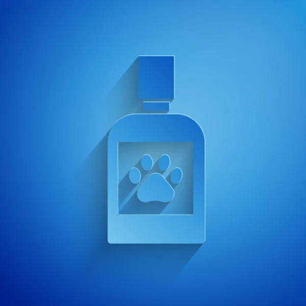 Paper cut Dog medicine bottle icon isolated on blue background. Container with pills. Prescription medicine for animal. Paper art style. Vector Illustration