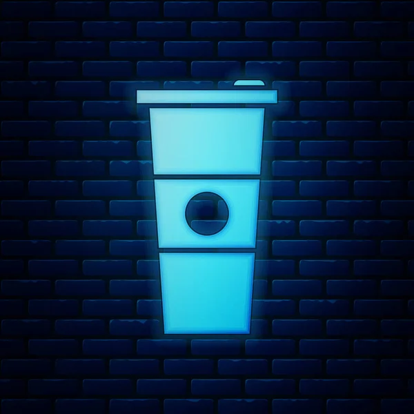 Icono de vidrio y agua de neón brillante aislado en el fondo de la pared de ladrillo. Un vaso de refresco. Símbolo de bebida fría fresca. Ilustración vectorial — Vector de stock