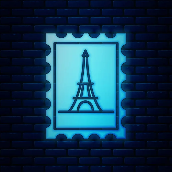 Selo postal de néon brilhante e ícone da torre Eiffel isolado no fundo da parede de tijolo. Ilustração vetorial — Vetor de Stock