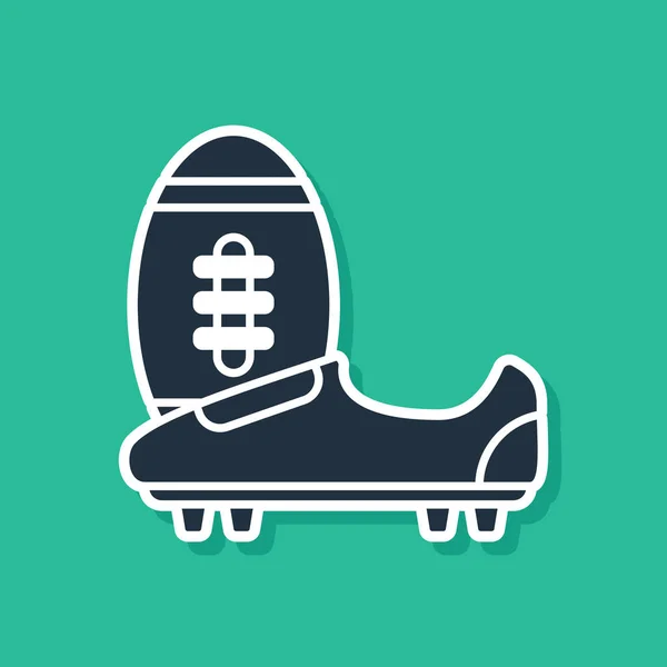 Sapatos de futebol azul ou sapatos de futebol com picos ícone isolado no fundo verde. Bota e bola de futebol americano. Ilustração vetorial — Vetor de Stock