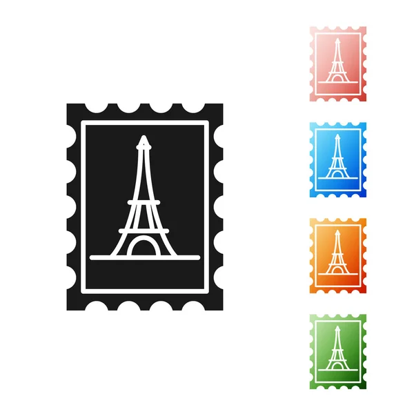 Carimbo postal preto e ícone da torre Eiffel isolado no fundo branco. Definir ícones coloridos. Ilustração vetorial — Vetor de Stock