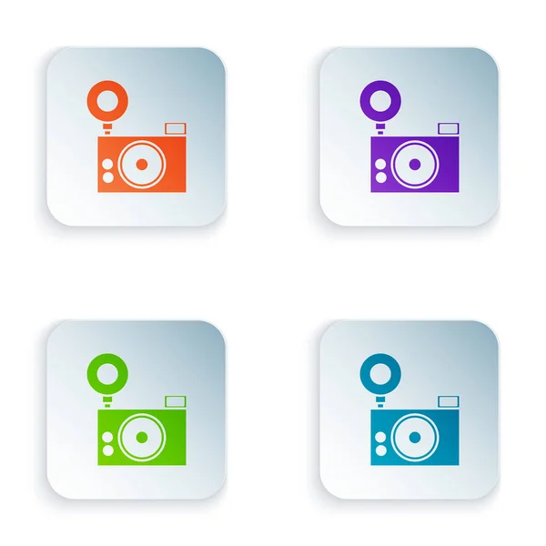 Color Photo camera icon isolated on white background. Foto camera icon. Set icons in colorful square buttons. Vector Illustration — Stock Vector