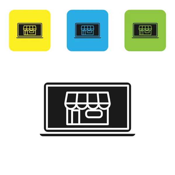 Black Shopping building on screen laptop icon isolated on white background. Concept e-commerce, e-business, online business marketing. Set icons colorful square buttons. Vector Illustration — Stock Vector