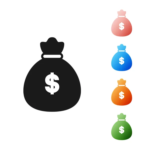 Zwart geld zak pictogram geïsoleerd op witte achtergrond. Dollar-of USD-symbool. Cash Banking valutateken. Stel pictogrammen kleurrijk. Vector illustratie — Stockvector