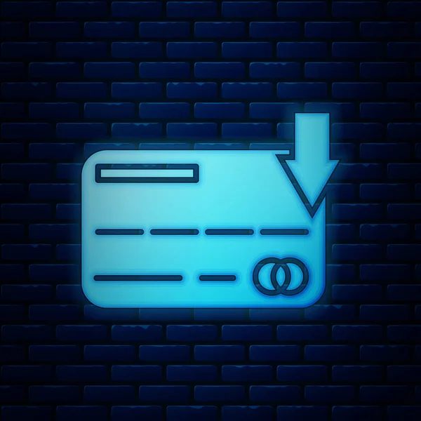 Leuchtendes neonfarbenes Kreditkartensymbol isoliert auf Ziegelwand-Hintergrund. Online-Zahlung. Barabhebungen. Finanzgeschäfte. Einkaufsschild. Vektorillustration — Stockvektor