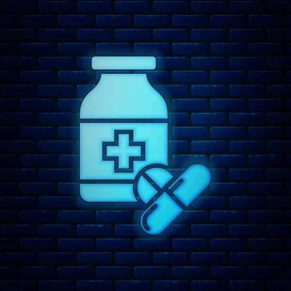 Flacon lumineux néon médecine et pilules icône isolé sur fond de mur de brique. Signe de pilule. Conception de pharmacie. Illustration vectorielle — Image vectorielle