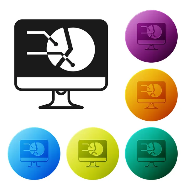 Schwarzer Computermonitor mit Diagrammdiagramm-Symbol auf weißem Hintergrund. Textdatei-Symbol melden. Buchhaltungszeichen. Prüfung, Analyse, Planung. setzen Symbole bunte Kreis-Tasten. Vektorillustration — Stockvektor