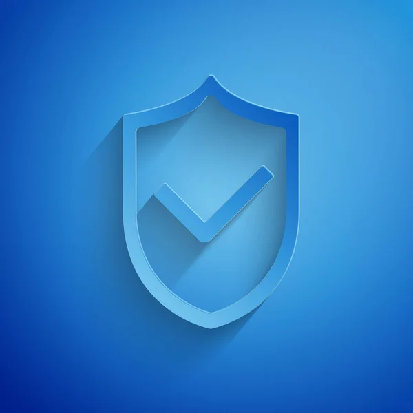 Η ασπίδα κοπής χαρτιού με σύμβολο ελέγχου απομονώνεται σε μπλε φόντο. Σύμβολο προστασίας. Εικονίδιο ελέγχου ασφαλείας. Σύμβολο έγκρισης υποδιαίρεσης. Καλλιτεχνικό στυλ. Απεικόνιση διανυσματικών φορέων — Διανυσματικό Αρχείο