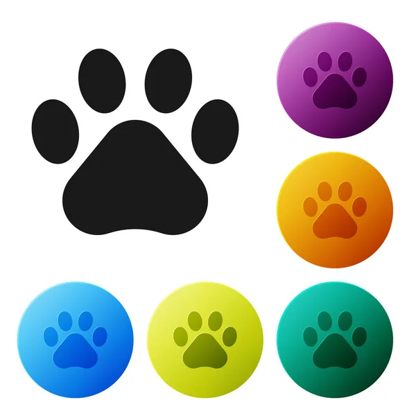 Black Paw print icon isolated on white background. Dog or cat paw print. Animal track. Set icons colorful circle buttons. Vector Illustration