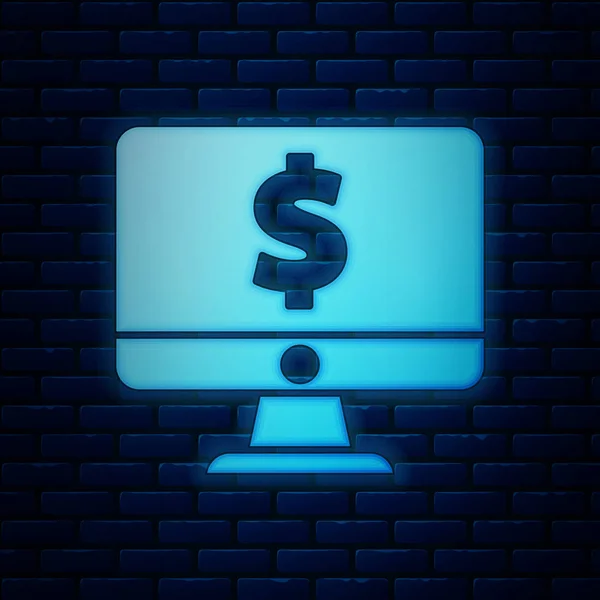 Monitor de computador neon brilhante com ícone símbolo dólar isolado no fundo da parede de tijolo. Conceito de compras online. Ganhos na Internet, marketing. Ilustração vetorial — Vetor de Stock