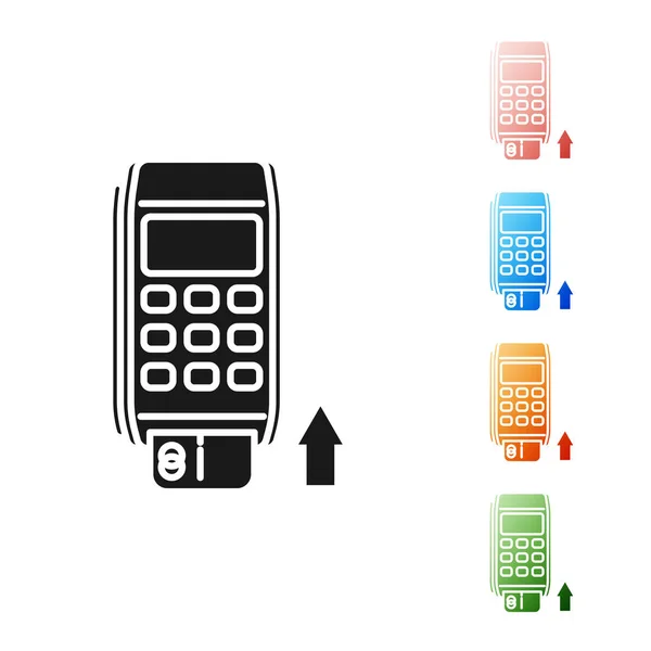 Black-Pos-Terminal mit eingestecktem Kreditkartensymbol isoliert auf weißem Hintergrund. Zahlungsterminal Transaktion. Bezahlen mit Karte. setzen Symbole bunt. Vektorillustration — Stockvektor