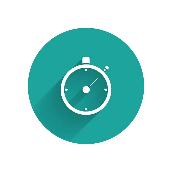 Icona del cronometro bianco isolata con lunga ombra. Un timer temporale. Segno cronometro. Pulsante cerchio verde. Illustrazione vettoriale — Vettoriale Stock