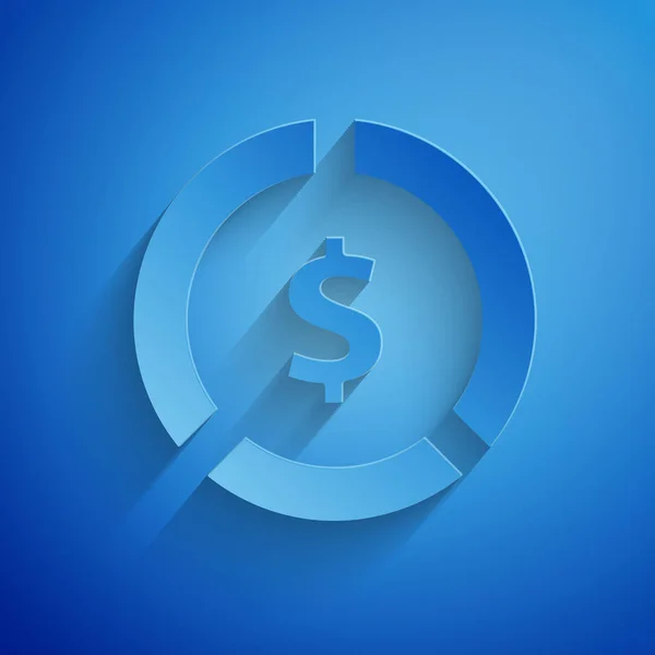 Paper cut Coin money with dollar symbol icon isolated on blue background. Banking currency sign. Cash symbol. Paper art style. Vector Illustration