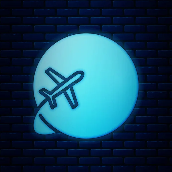 Leuchtende Neon-Globus mit fliegendem Flugzeug Symbol isoliert auf Backsteinwand Hintergrund. Flugzeuge fliegen um den Planeten Erde. Flugzeug-Ikone. Vektorillustration — Stockvektor