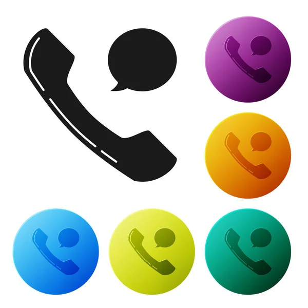 Telefone preto auscultador e ícone de bate-papo bolha de fala isolado no fundo branco. Sinal de telefone. Definir ícones coloridos botões círculo. Ilustração vetorial —  Vetores de Stock
