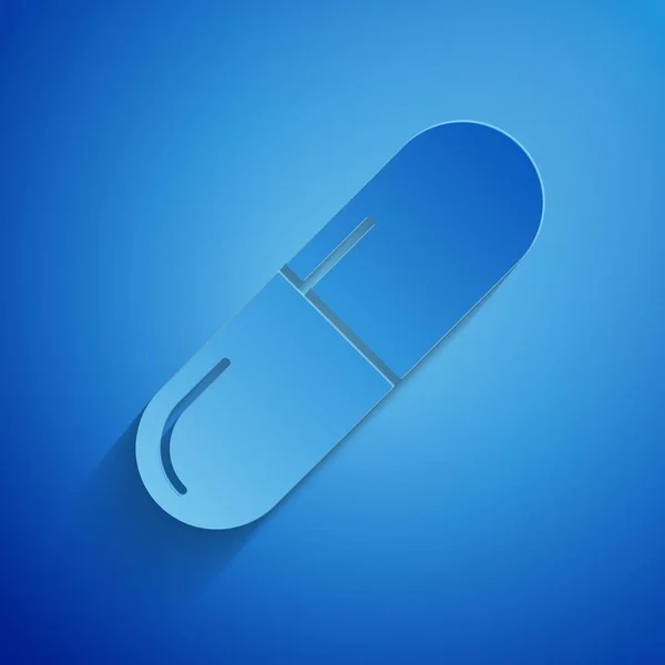 Papier gesneden geneeskunde pil of Tablet pictogram geïsoleerd op blauwe achtergrond. Capsule pil en drug teken. Apotheek ontwerp. Papier kunststijl. Vector illustratie — Stockvector