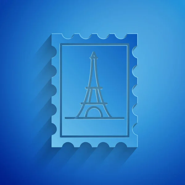 Papel cortado Carimbo postal e ícone da torre Eiffel isolado no fundo azul. Estilo de arte de papel. Ilustração vetorial — Vetor de Stock