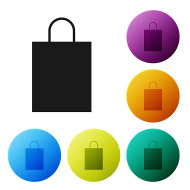 Siyah Kağıt alışveriş çantası simgesi beyaz arka planda izole. Paket işareti. Simgeler renkli daire düğmelerini ayarlayın. Vektör Illustration