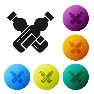 Beyaz arka planda izole su simgesi siyah çapraz şişe. Soda su içeceği işareti. Simgeler renkli daire düğmelerini ayarlayın. Vektör Illustration