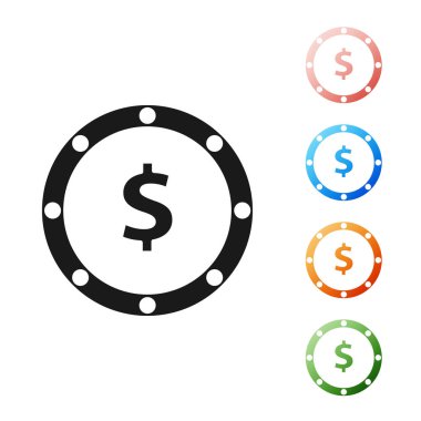 Beyaz zemin üzerinde dolar sembolü olan siyah madeni para. Bankacılık işareti. Para sembolü. Simgeleri renklendirin. Vektör İllüstrasyonu
