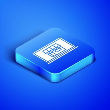 Mavi arka planda yalıtılmış ekran dizüstü simgesi üzerinde izometrik alışveriş binası. Konsept e-ticaret, e-iş, online iş pazarlama. Mavi kare düğmesi. Vektör Illustration