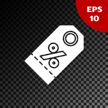 Saydam koyu arka planda yalıtılmış beyaz Iskonto yüzdesi etiket simgesi. Alışveriş etiketi işareti. Özel teklif işareti. İndirim kuponları sembolü. Vektör Illustration