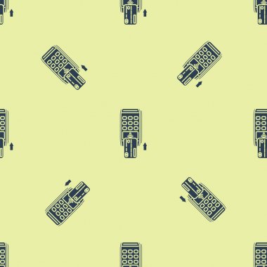 Mavi POS terminali ile takılı kredi kartı simgesi izole Dikişsiz desen beyaz arka plan üzerinde. Ödeme terminali hareketi. Kart ile öde. Vektör Illustration