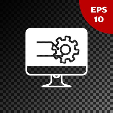 Beyaz bilgisayar monitör grafik grafik simgesi şeffaf koyu arka planda yalıtılmış. Rapor metin dosyası simgesi. Hesap işareti. Denetim, analiz, planlama. Vektör Illustration