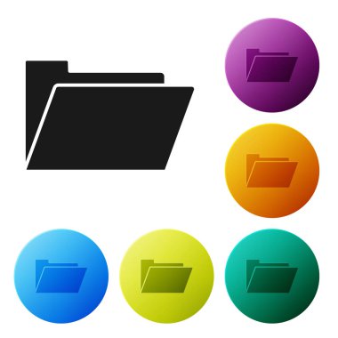 Siyah belge klasör simgesi beyaz arka planda yalıtılmış. Muhasebe bağlayıcı sembolü. Defter tutma yönetimi. Simgeler renkli daire düğmelerini ayarlayın. Vektör Illustration