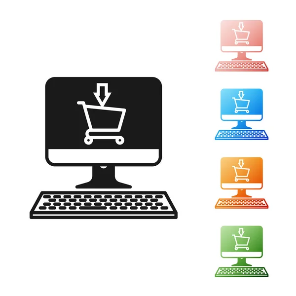 Μαύρο καλάθι αγορών στην οθόνη εικονίδιο υπολογιστή απομονωμένο σε λευκό φόντο. Concept e-commerce, e-business, online business marketing. Ορισμός εικονίδια πολύχρωμα. Εικονογράφηση διανύσματος — Διανυσματικό Αρχείο
