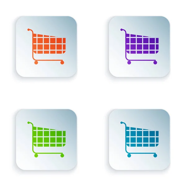 Farbiges Warenkorb-Symbol auf weißem Hintergrund. Online-Kaufkonzept. Lieferservice-Schild. Supermarkt-Warenkorb Symbol. setzen Symbole in bunten quadratischen Tasten. Vektorillustration — Stockvektor