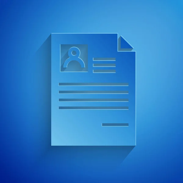 Corte de papel Reanudar icono aislado sobre fondo azul. Aplicación CV. Buscando personal profesional. Analizando el currículum. Estilo de arte de papel. Ilustración vectorial — Vector de stock